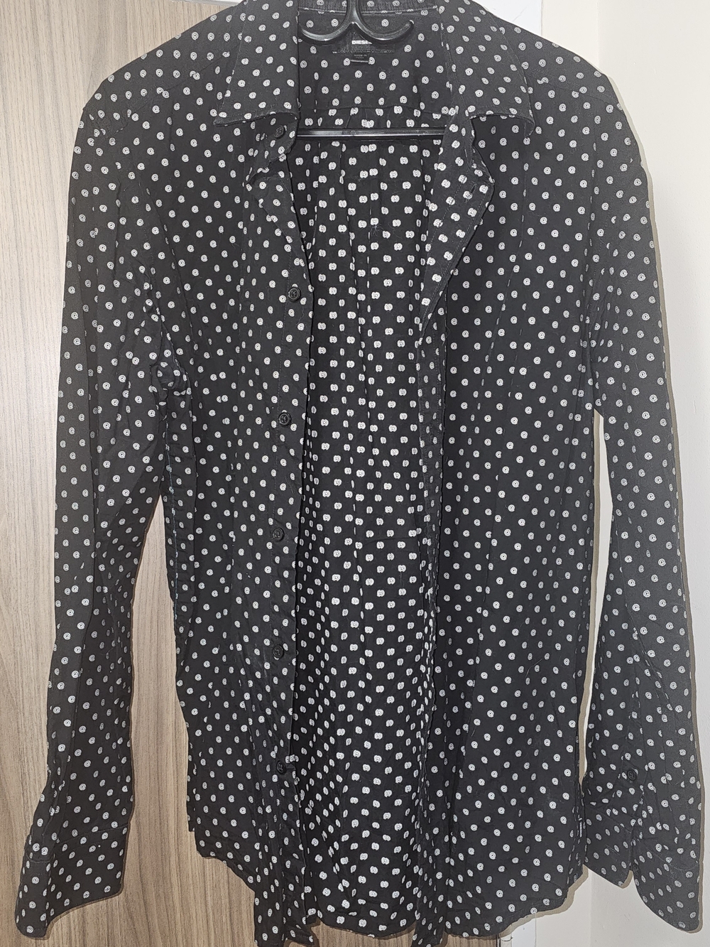 Diesel Black Button-Down Shirt with White @ sign Polka Dots XL